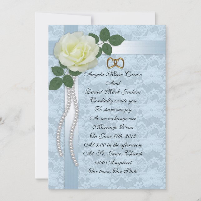 Invitación a la boda de encaje azul y rosa blanco (Anverso)
