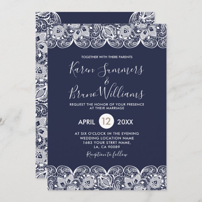 Invitación a la boda de encaje blanco (Anverso / Reverso)
