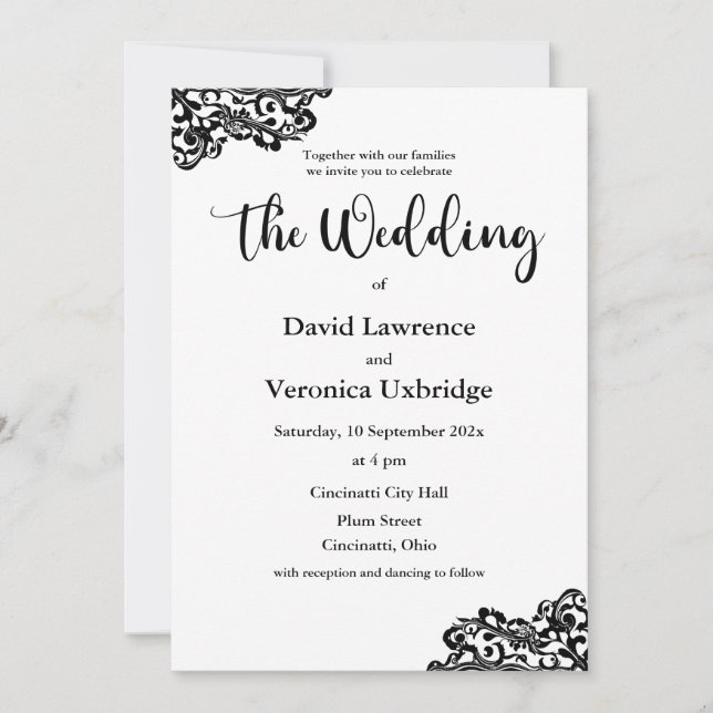 Invitación a la boda de encaje blanco y negro (Anverso)