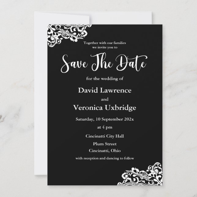 Invitación a la boda de encaje blanco y negro (Anverso)