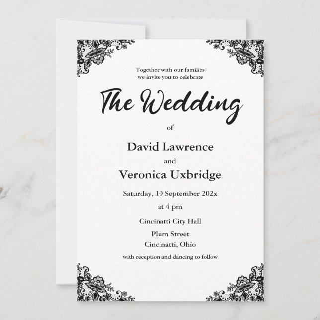 Invitación a la boda de encaje blanco y negro (Anverso)