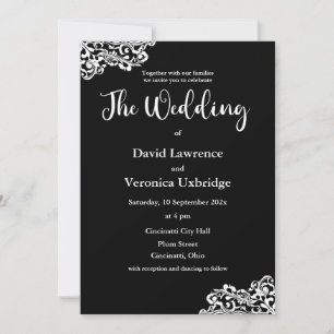 Invitación a la boda de encaje blanco y negro