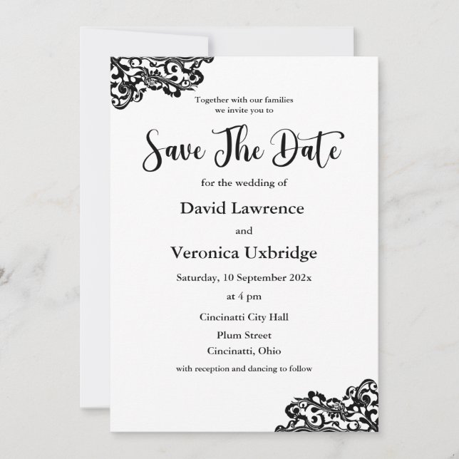 Invitación a la boda de encaje blanco y negro (Anverso)
