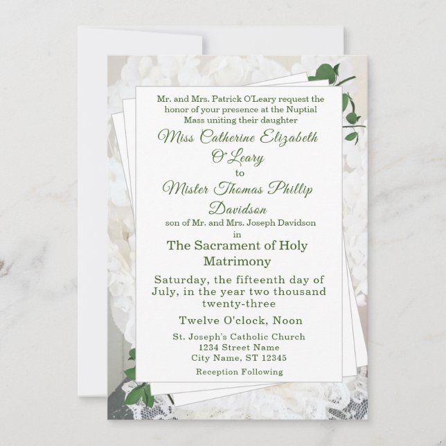 Invitación a la boda de encaje blanco y Rosa deja  (Anverso)