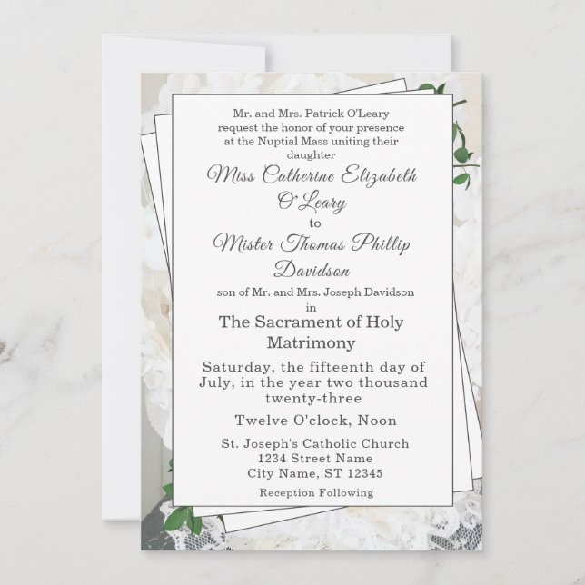 Invitación a la boda de encaje blanco y Rosa deja  (Anverso)