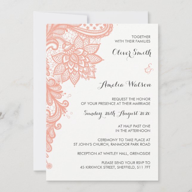 Invitación a la boda de encaje de coral (Anverso)