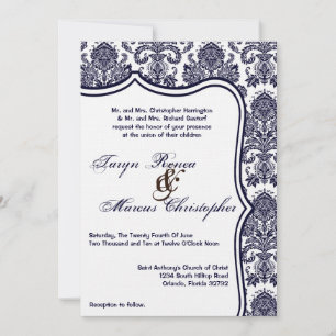 Invitación a la boda de encaje de damasco azul de