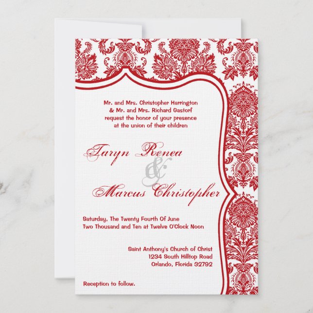 Invitación a la boda de encaje de damasco blanco r (Anverso)