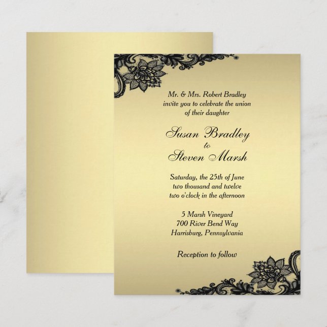 Invitación a la boda de encaje de oro (Anverso / Reverso)