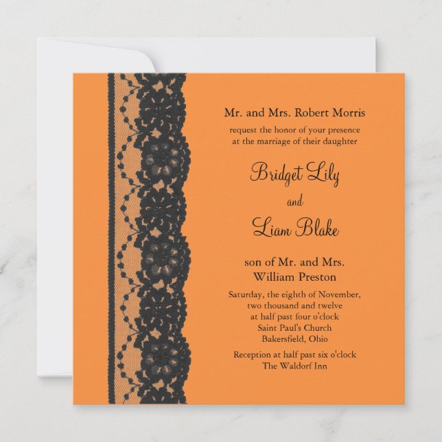 Invitación a la boda de encaje francés (naranja) (Anverso)