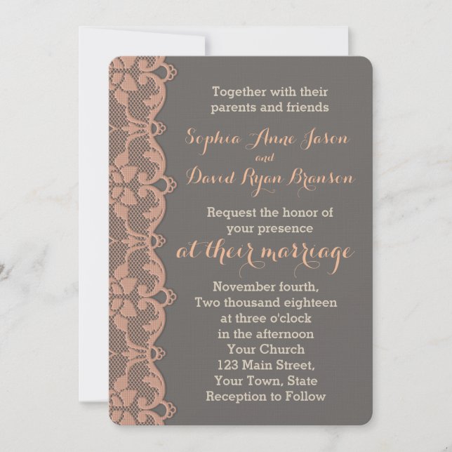 Invitación a la boda de encaje gris de pintura de  (Anverso)