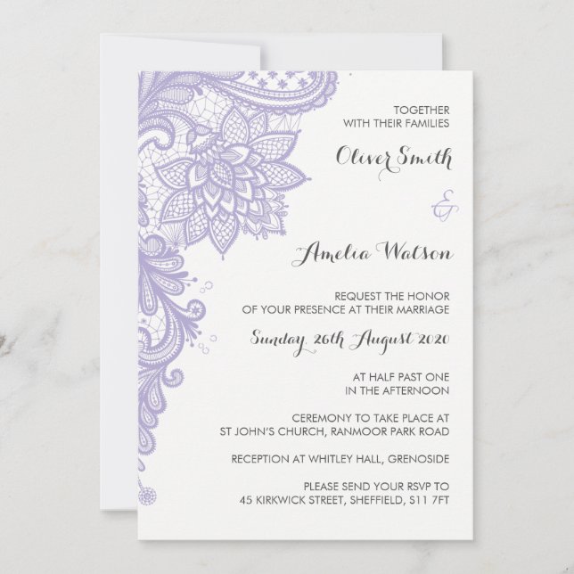 Invitación a la boda de encaje lilac (Anverso)