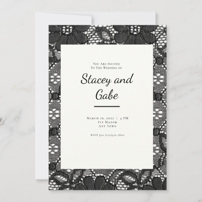 Invitación a la boda de encaje negro (Anverso)