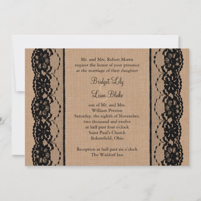 Invitación a la boda de encaje negro y bofetada (Anverso)