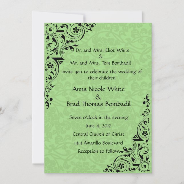 Invitación a la boda de encaje negro y celadón (Anverso)