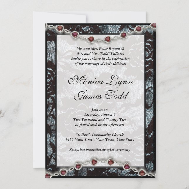 Invitación a la boda de encaje negro y rubíes (Anverso)
