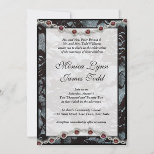 Invitación a la boda de encaje negro y rubíes