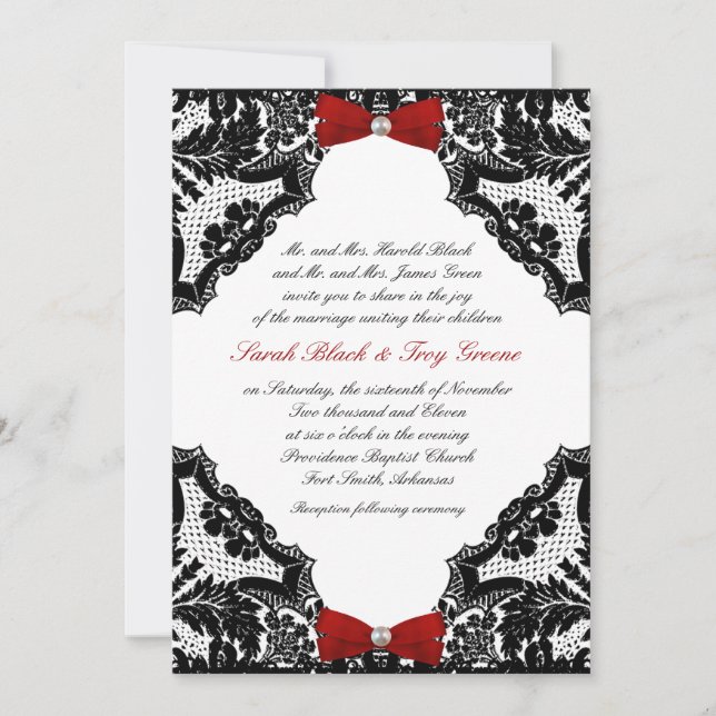 Invitación a la boda de encaje rojo, blanco y negr (Anverso)