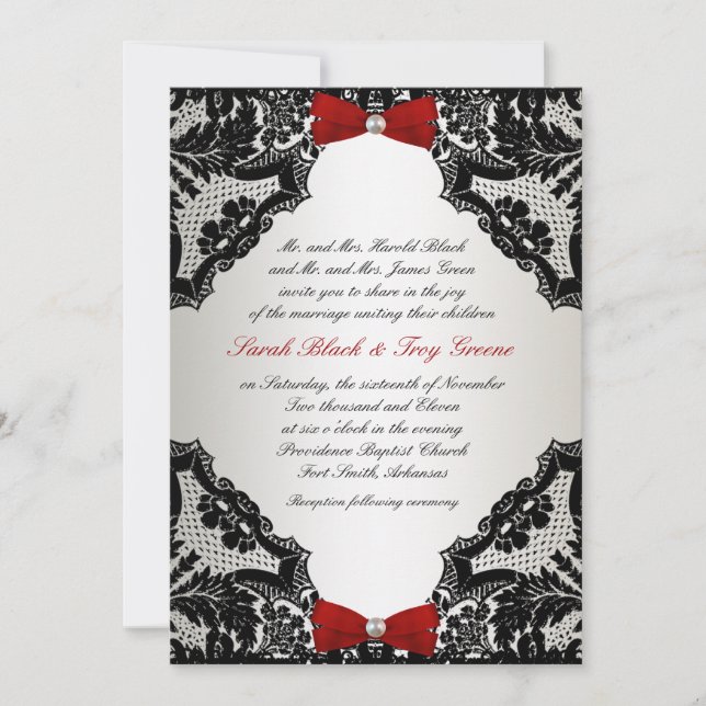 Invitación a la boda de encaje rojo, blanco y negr (Anverso)