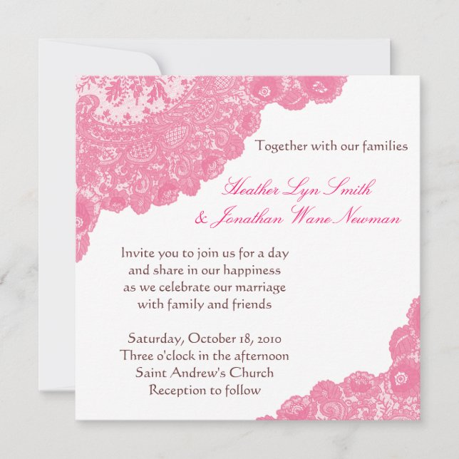 Invitación a la boda de encaje rosado (Anverso)