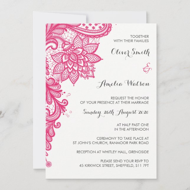 Invitación a la boda de encaje rosado caliente (Anverso)