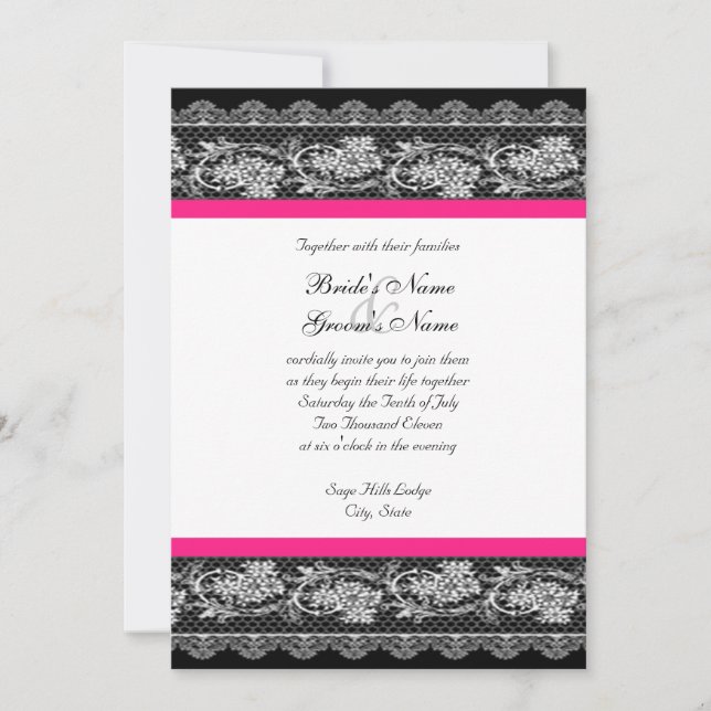 Invitación a la boda de encaje rosado y negro (Anverso)