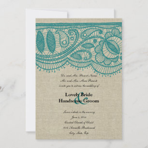 Invitación a la boda de encaje Verde azulado y lin