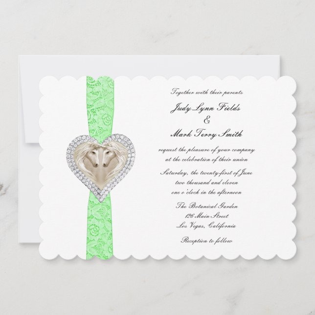 Invitación a la boda de encaje verde de Unicornio (Anverso)