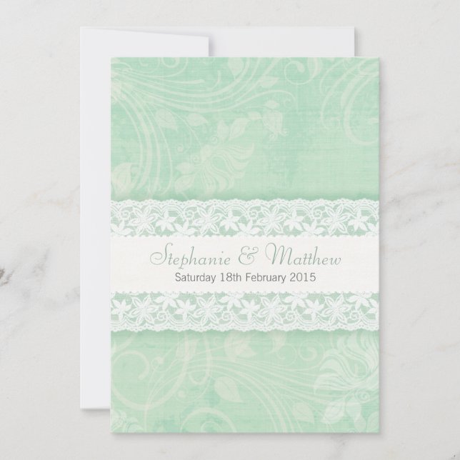 Invitación a la boda de encaje verde y blanco (Anverso)