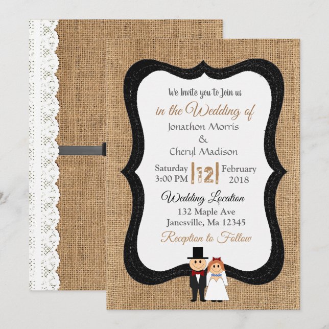Invitación a la boda de encaje y bodas en Burlap (Anverso / Reverso)