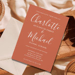 Invitación a la boda de escritura Minimalista de T<br><div class="desc">Con nombres de estilo característico,  esta elegante invitación a la boda puede ser personalizada con su información en letras blancas de moda en un fondo de terracota. Puede personalizar del color de fondo para que coincida con el tema boda. Diseñado por Thisisnotme©</div>