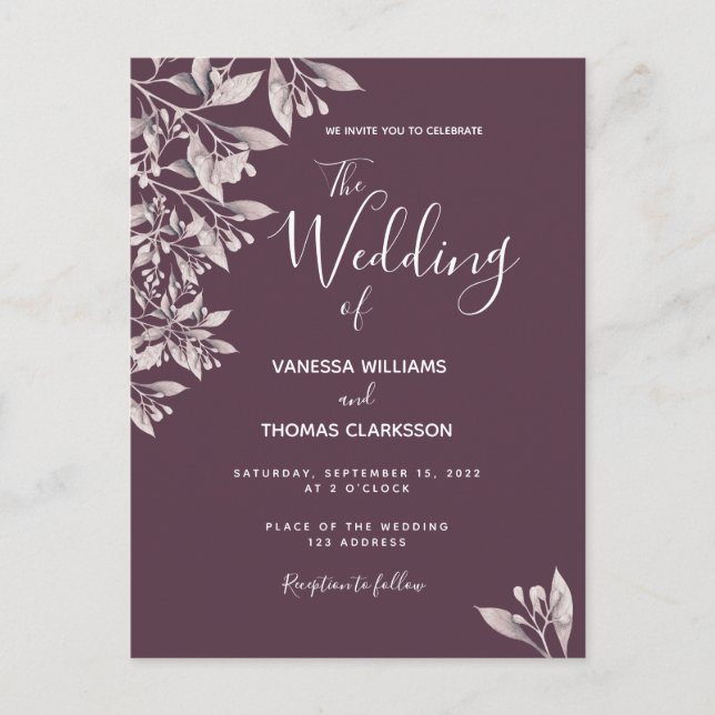 Invitación a la boda de escritura púrpura botánica (Anverso)