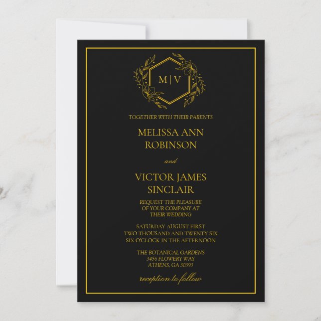 Invitación a la boda de Escudos con monograma negr (Anverso)