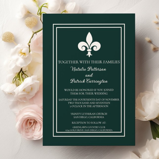 Invitación a la boda de Esmeralda Green Fleur de L (Emerald Green Fleur de Lis Wedding Invitation)