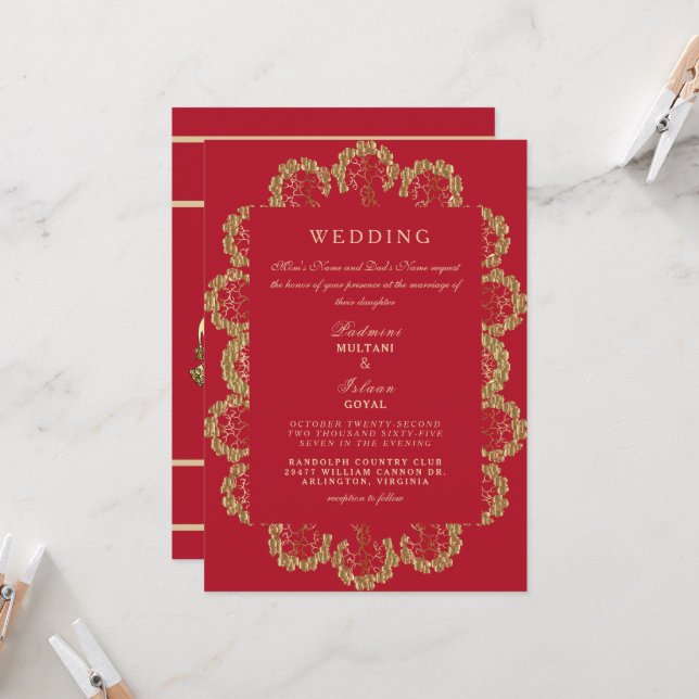 Invitación a la boda de estilo hindú con el rojo y (Anverso/Reverso In Situ)