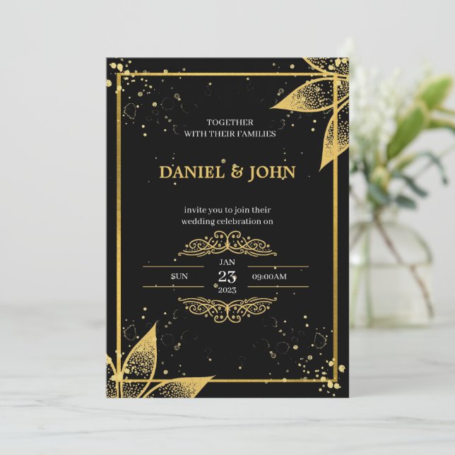 Invitación a la boda de estilo indio: negro y oro (Anverso de pie)