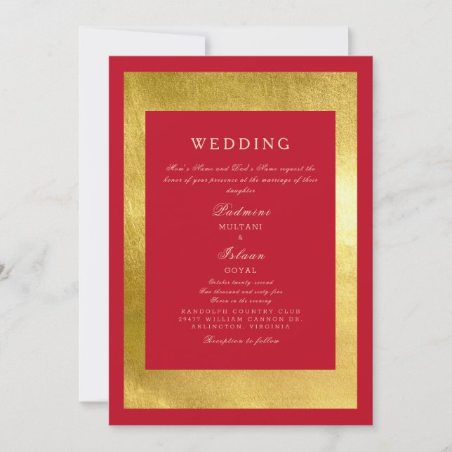 Invitación a la boda de estilo indio rojo y dorado (Anverso)