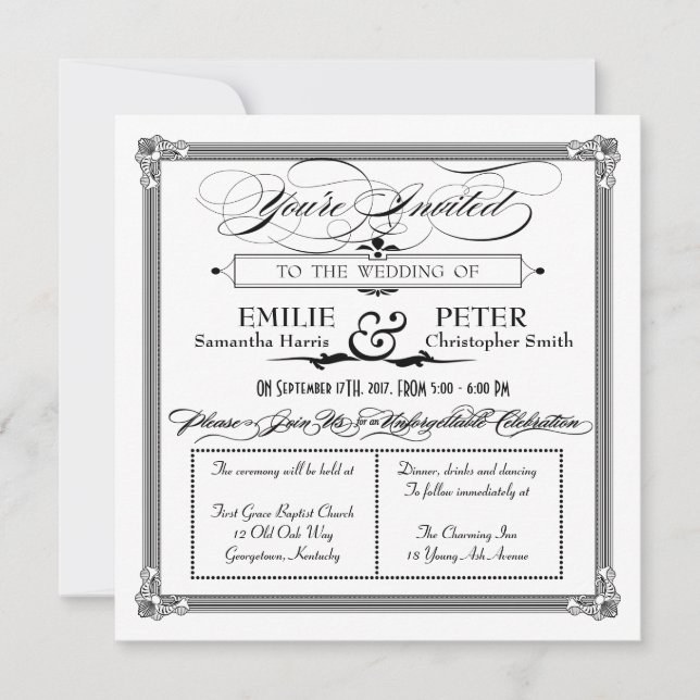 Invitación a la boda de estilo Poster blanco y neg (Anverso)