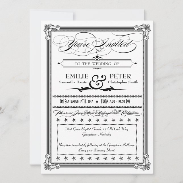 Invitación a la boda de estilo Poster blanco y neg (Anverso)