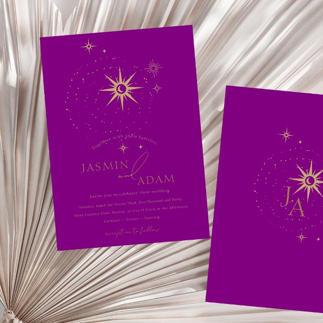Invitación a la boda de estrellas negras celestial (Celestial Purple Black Stars Wedding Invitation)