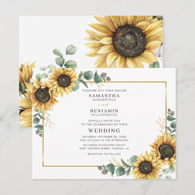 Invitación a la boda de Eucalipto de girasol geomé (Anverso / Reverso)