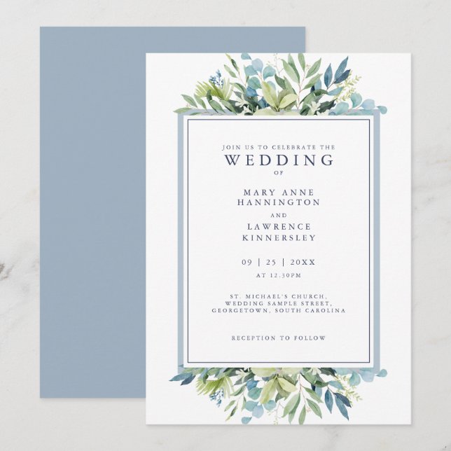 Invitación a la boda de Eucalipto Dusty Blue Green (Anverso / Reverso)