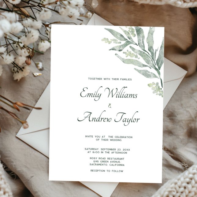 Invitación a la boda de eucalipto minimalista (Elegant minimalistic watercolor eucalyptus green invitation, perfect for weddings)