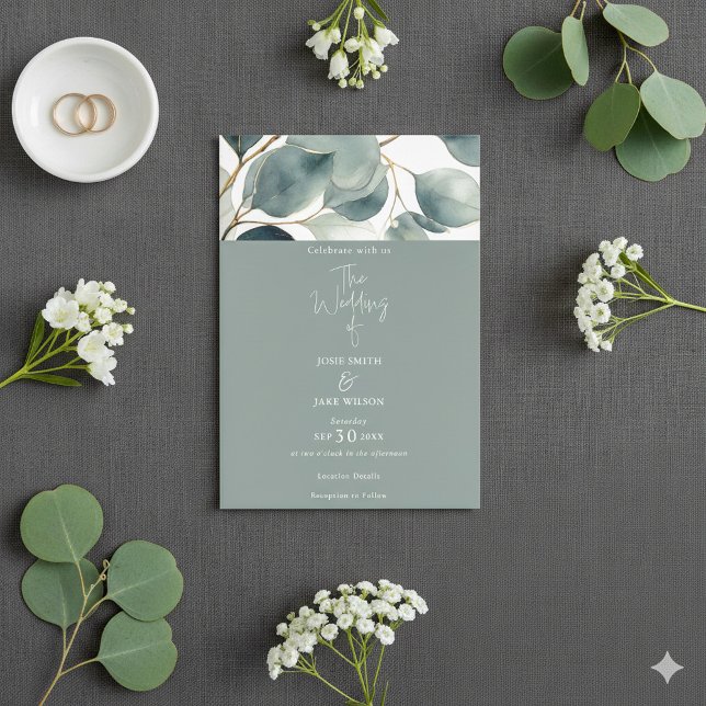Invitación a la boda de Eucalipto verde acuarela (Watercolor green Eucalyptus Wedding Invitation. Botanical leafy top border.)