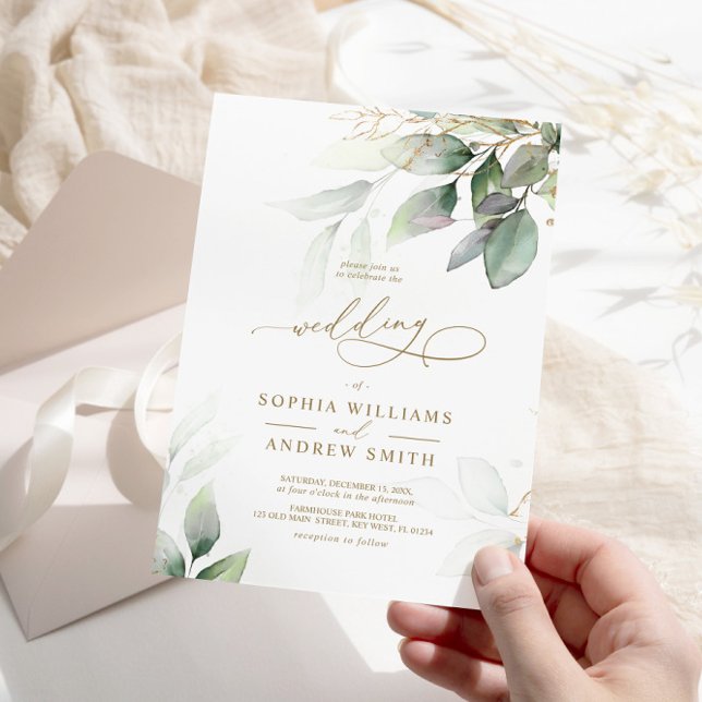 Invitación a la boda de Eucalipto Verde y Oro (Subido por el creador)