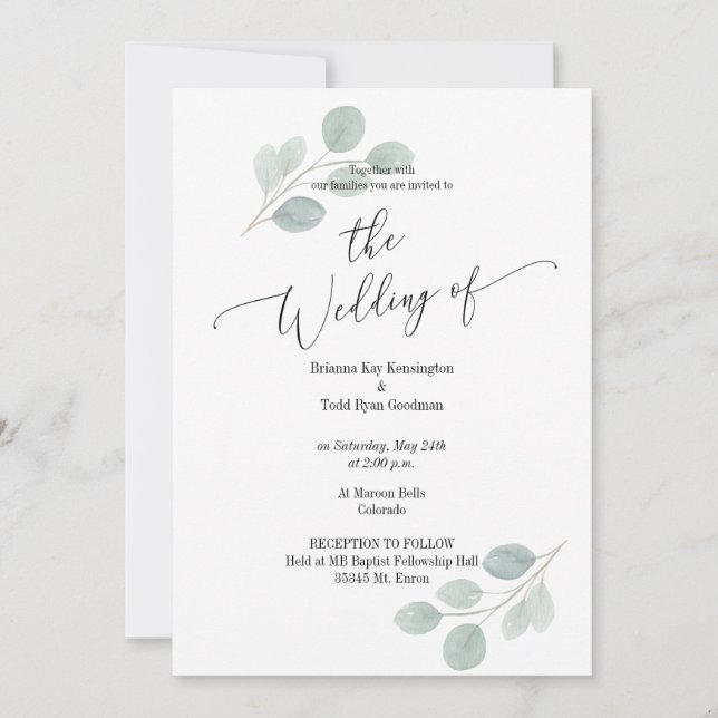 Invitación a la boda de Eucalyptus acuarela no fot (Anverso)