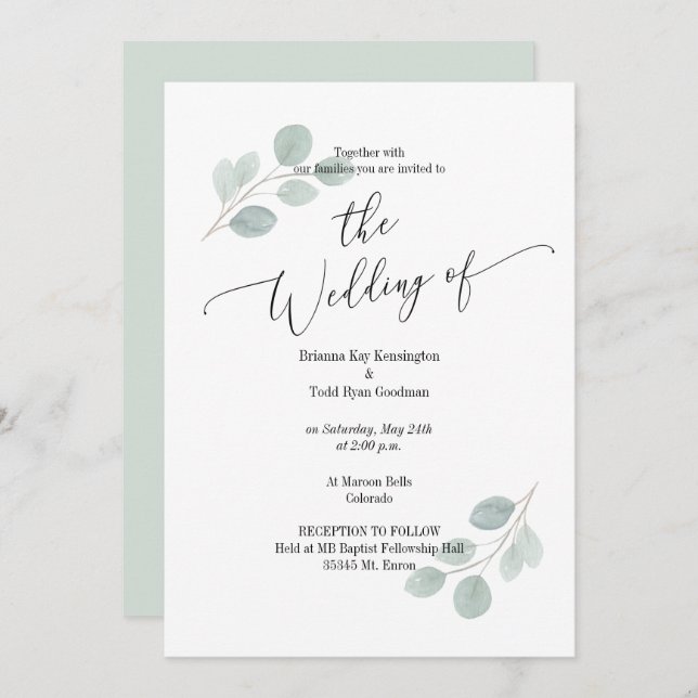 Invitación a la boda de Eucalyptus acuarela no fot (Anverso / Reverso)