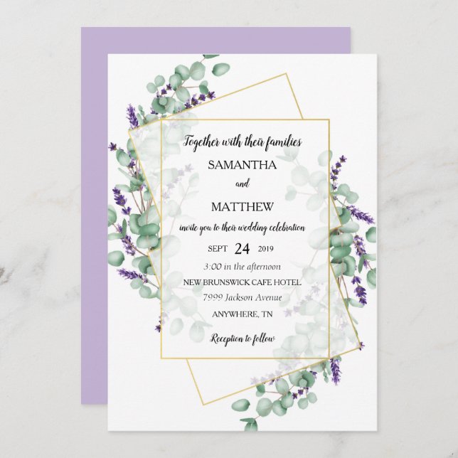 Invitación a la boda de Eucalyptus de lavanda geom (Anverso / Reverso)