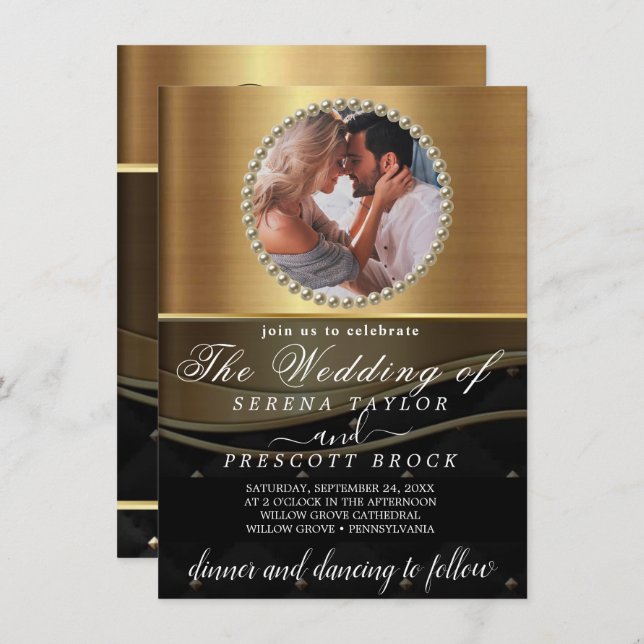 Invitación a la boda de Fancy Brushed Gold Photo (Anverso / Reverso)