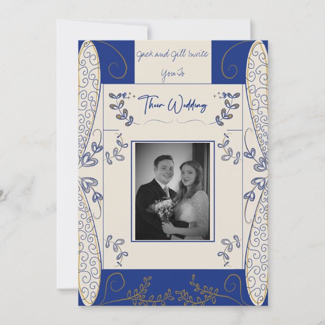 Invitación a la boda de Fantasía en azul y oro  (Anverso)